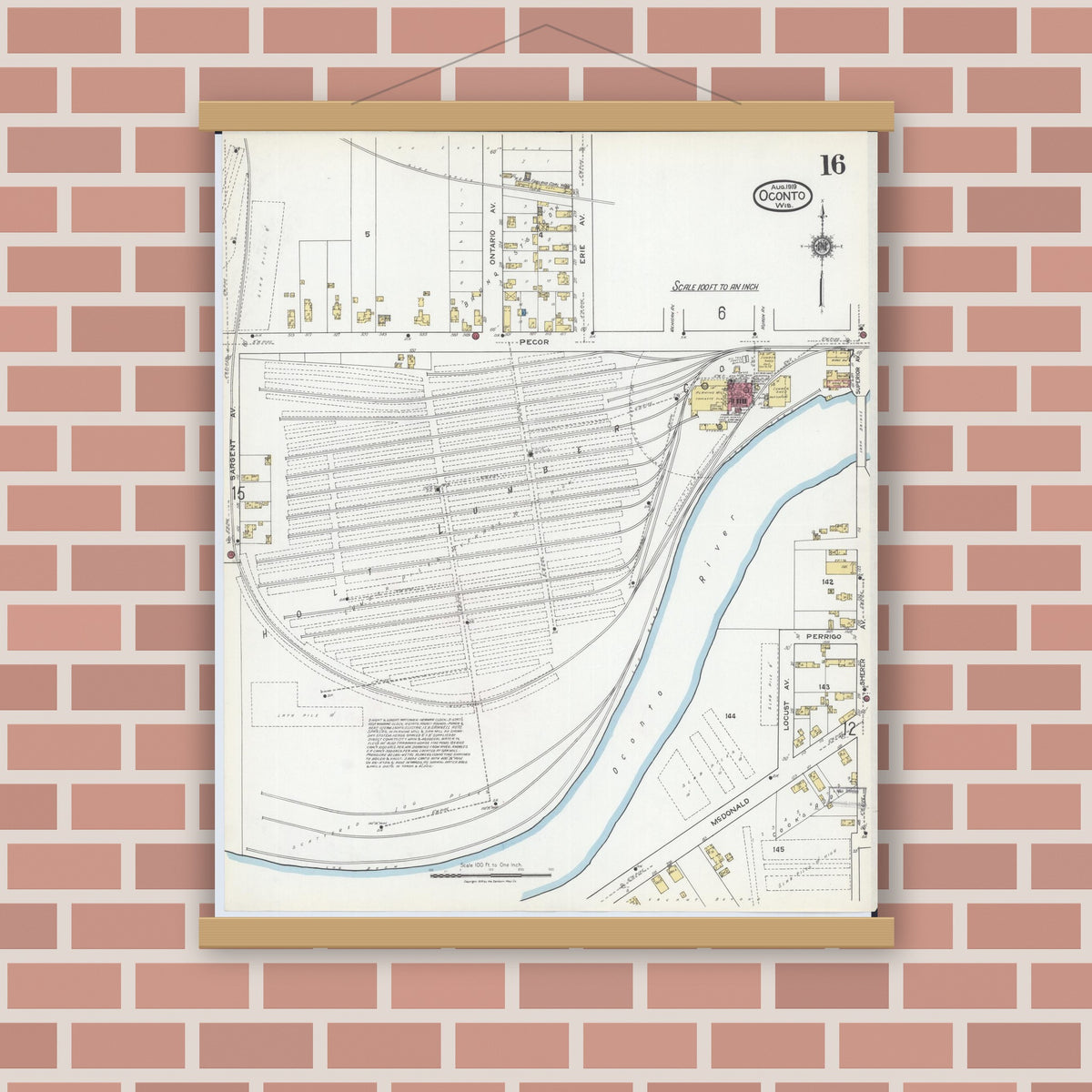 Old map wall art mockup — magnetic wood frame on brick wall — Sanborn Fire Insurance Map from Oconto, Oconto County, Wisconsin (1919), Sheet #0016