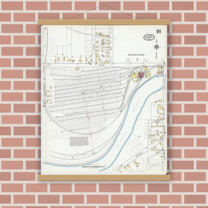 Old map wall art mockup — magnetic wood frame on brick wall — Sanborn Fire Insurance Map from Oconto, Oconto County, Wisconsin (1919), Sheet #0016