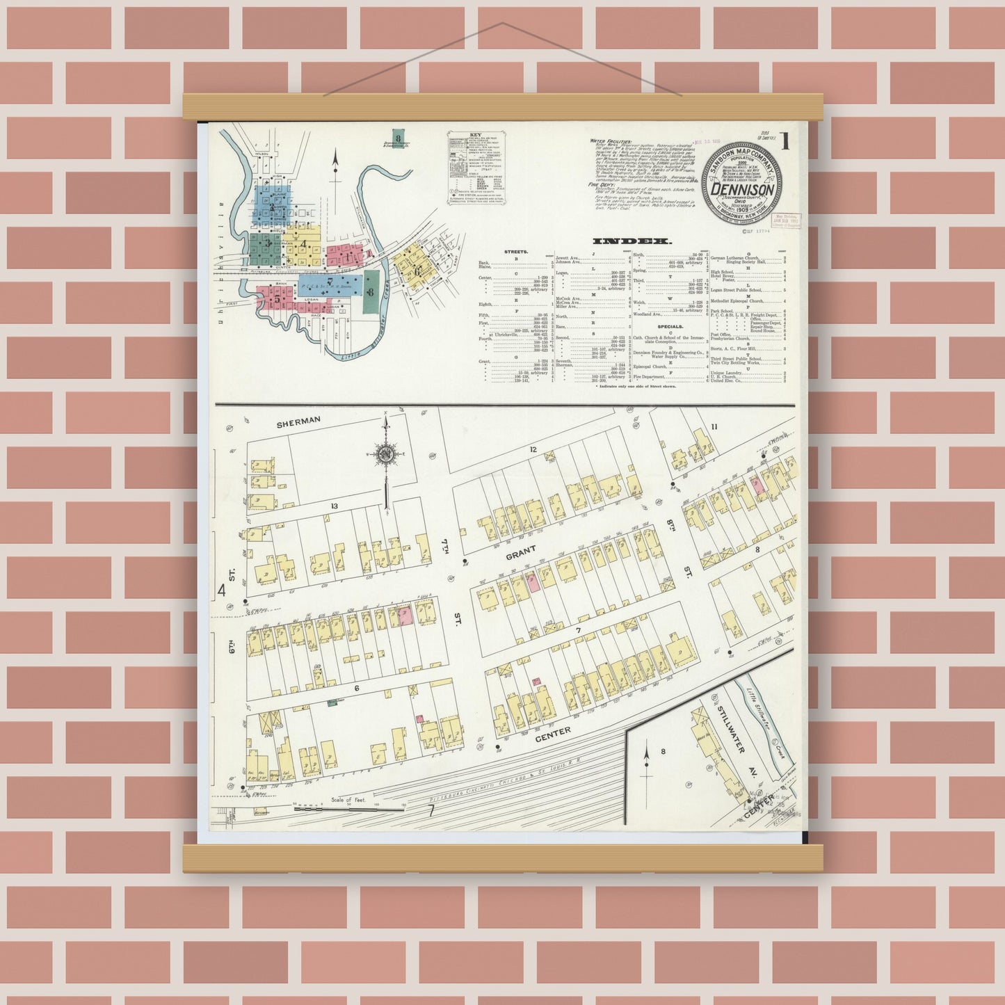 Old map wall art mockup — magnetic wood frame on brick wall — Sanborn Fire Insurance Map from Dennison, Tuscarawas County, Ohio (1909) - Complete Map Set