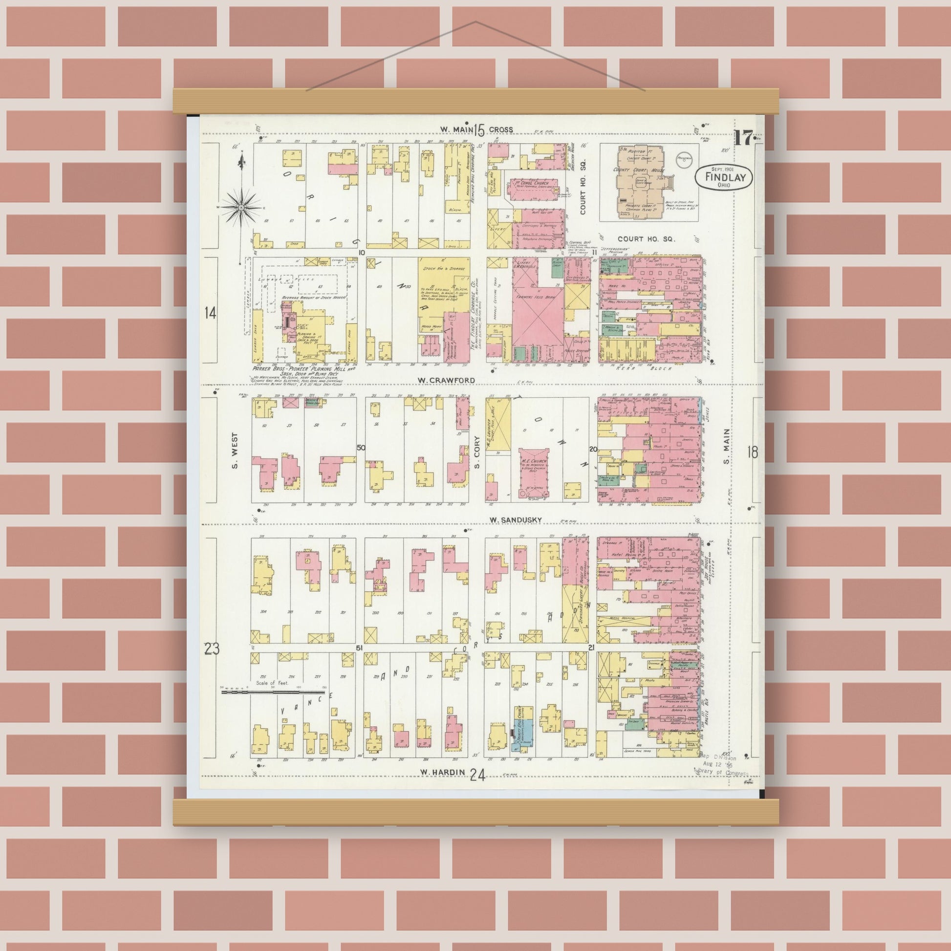 Old map wall art mockup — magnetic wood frame on brick wall — Sanborn Fire Insurance Map from Findlay, Hancock County, Ohio (1901), Sheet #0017