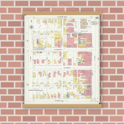 Old map wall art mockup — magnetic wood frame on brick wall — Sanborn Fire Insurance Map from Findlay, Hancock County, Ohio (1901), Sheet #0017