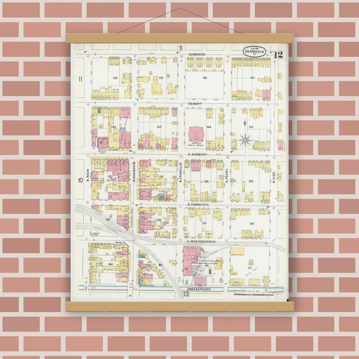 Old map wall art mockup — magnetic wood frame on brick wall — Sanborn Fire Insurance Map from Shamokin, Northumberland County, Pennsylvania (1896), Sheet #0012