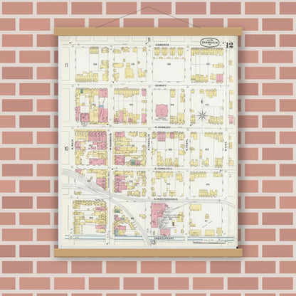 Old map wall art mockup — magnetic wood frame on brick wall — Sanborn Fire Insurance Map from Shamokin, Northumberland County, Pennsylvania (1896), Sheet #0012