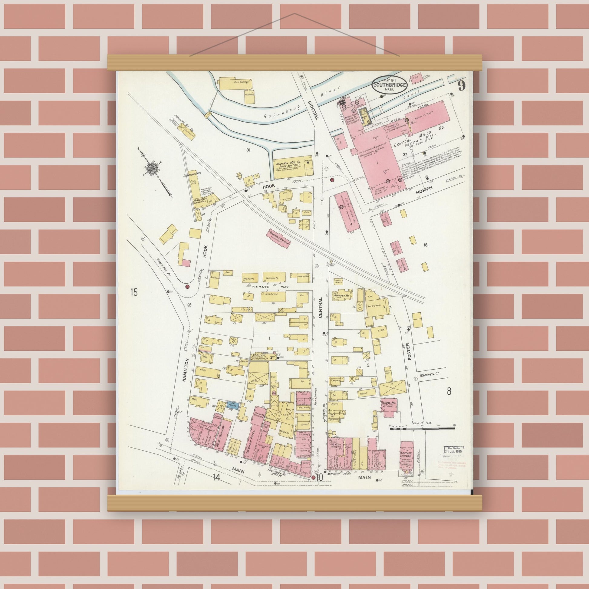 Old map wall art mockup — magnetic wood frame on brick wall — Sanborn Fire Insurance Map from Southbridge, Worcester County, Massachusetts (1911), Sheet #0009