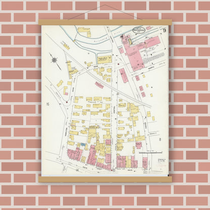 Old map wall art mockup — magnetic wood frame on brick wall — Sanborn Fire Insurance Map from Southbridge, Worcester County, Massachusetts (1911), Sheet #0009
