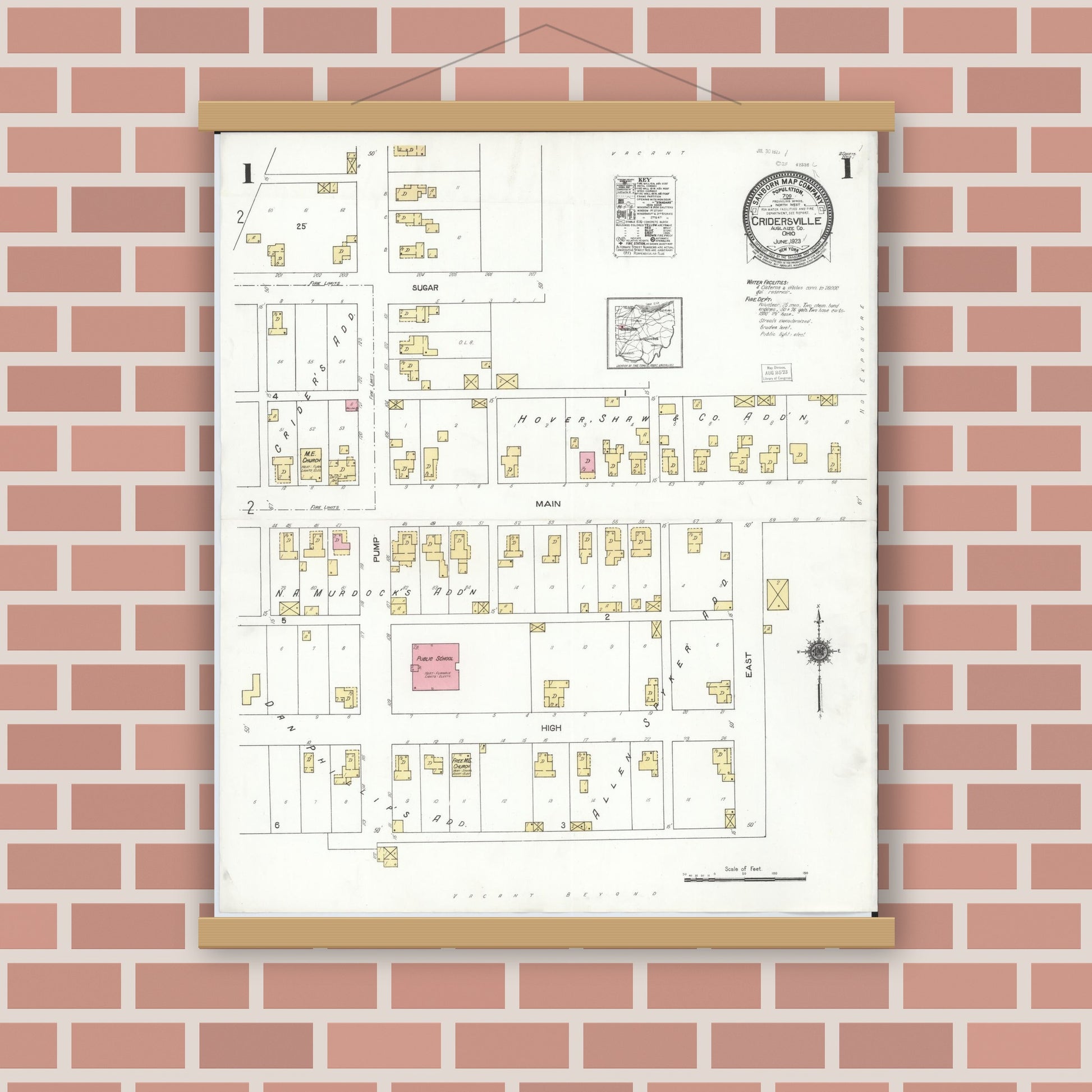 Old map wall art mockup — magnetic wood frame on brick wall — Sanborn Fire Insurance Map from Cridersville, Auglaize County, Ohio (1923), Sheet #0001