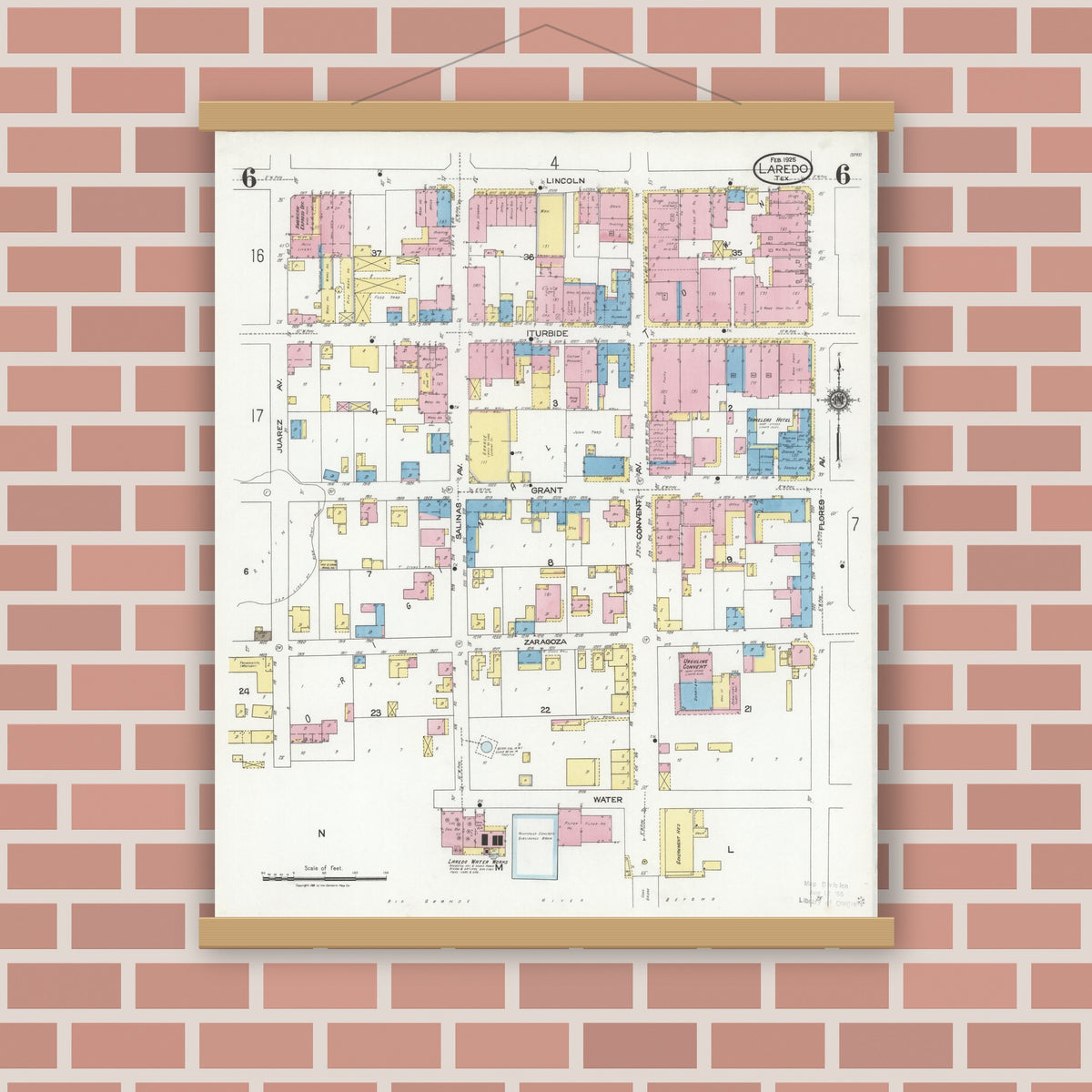 Old map wall art mockup — magnetic wood frame on brick wall — Sanborn Fire Insurance Map from Laredo, Webb County, Texas (1925), Sheet #0006