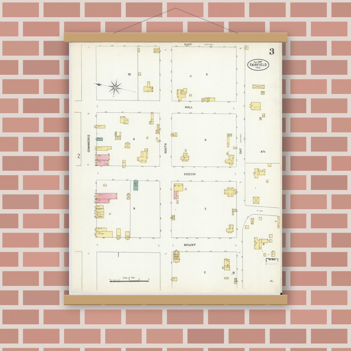Old map wall art mockup — magnetic wood frame on brick wall — Sanborn Fire Insurance Map from Fairfield, Freestone County, Texas (1907), Sheet #0003