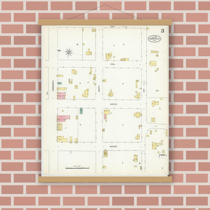 Old map wall art mockup — magnetic wood frame on brick wall — Sanborn Fire Insurance Map from Fairfield, Freestone County, Texas (1907), Sheet #0003