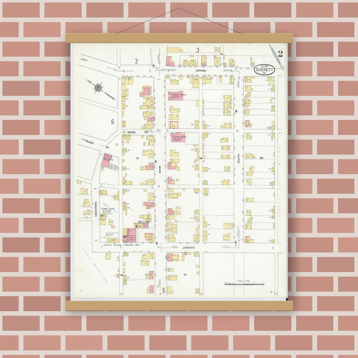 Old map wall art mockup — magnetic wood frame on brick wall — Sanborn Fire Insurance Map from Everett, Bedford County, Pennsylvania (1910), Sheet #0002