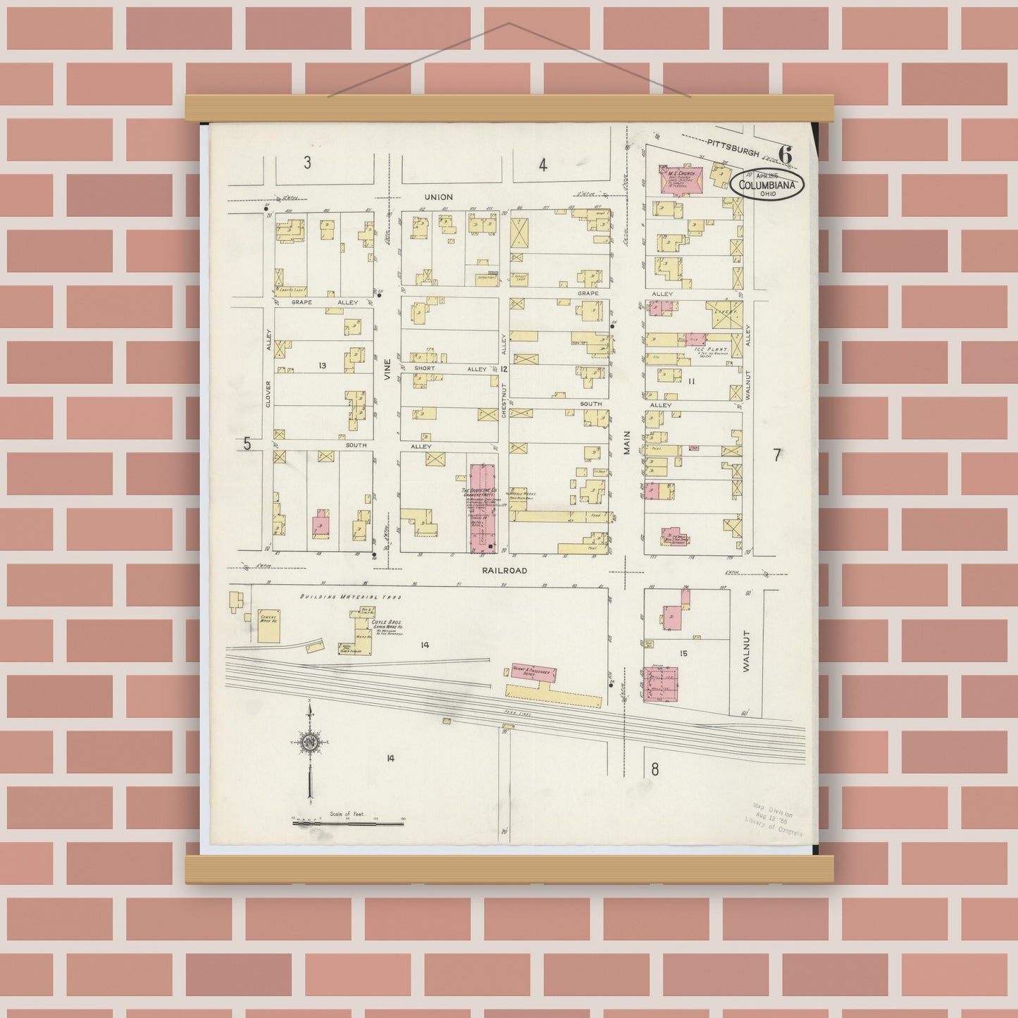 Old map wall art mockup — magnetic wood frame on brick wall — Sanborn Fire Insurance Map from Columbiana, Columbiana County, Ohio (1915), Sheet #0006