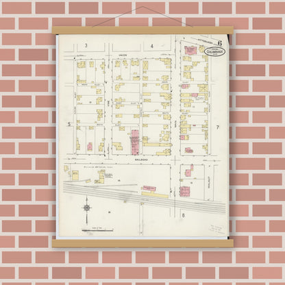 Old map wall art mockup — magnetic wood frame on brick wall — Sanborn Fire Insurance Map from Columbiana, Columbiana County, Ohio (1915), Sheet #0006