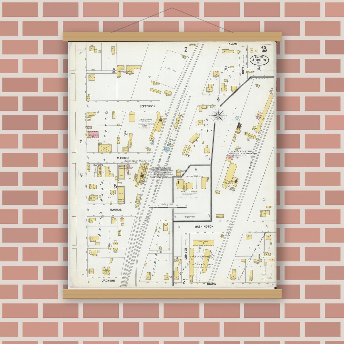 Old map wall art mockup — magnetic wood frame on brick wall — Sanborn Fire Insurance Map from Auburn, Sangamon County, Illinois (1900), Sheet #0002