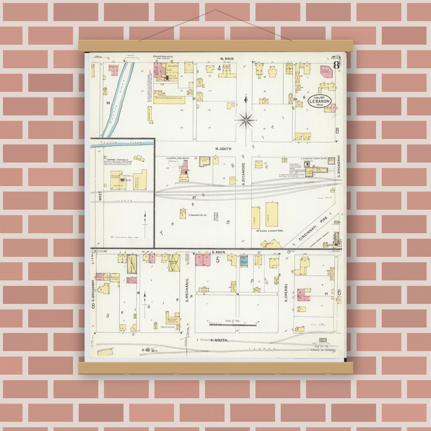 Old map wall art mockup — magnetic wood frame on brick wall — Sanborn Fire Insurance Map from Lebanon, Warren County, Ohio (1907), Sheet #0008