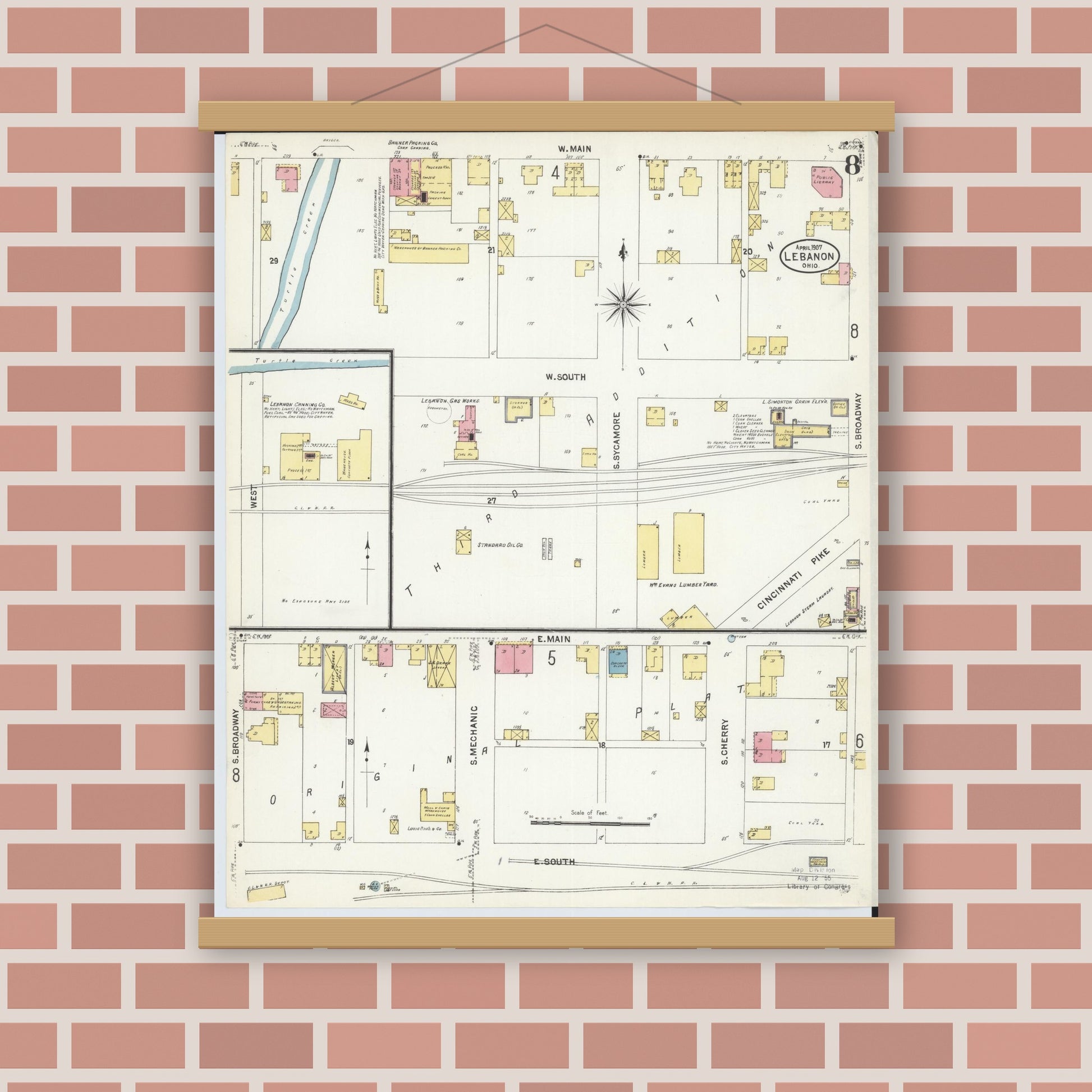 Old map wall art mockup — magnetic wood frame on brick wall — Sanborn Fire Insurance Map from Lebanon, Warren County, Ohio (1907), Sheet #0008