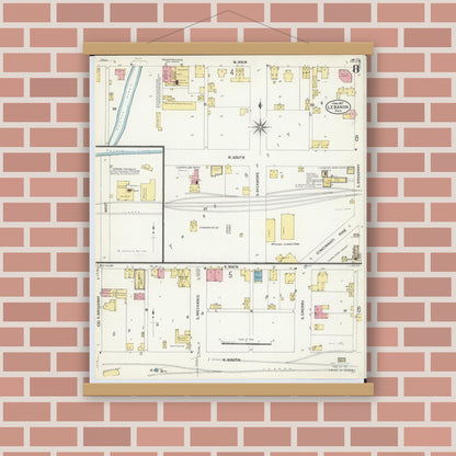 Old map wall art mockup — magnetic wood frame on brick wall — Sanborn Fire Insurance Map from Lebanon, Warren County, Ohio (1907), Sheet #0008