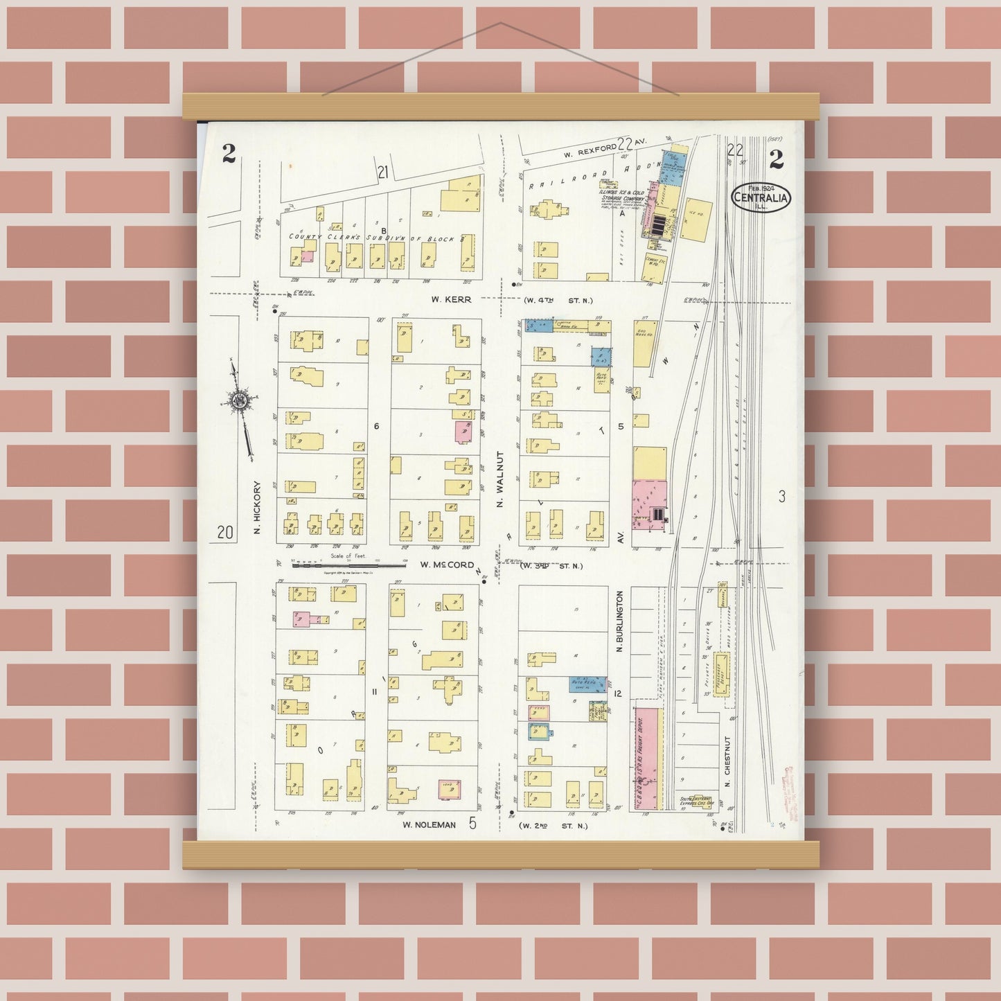 Old map wall art mockup — magnetic wood frame on brick wall — Sanborn Fire Insurance Map from Centralia, Marion, Clinton, Jefferson, and Washington Counties, Illinois (1924), Sheet #0002