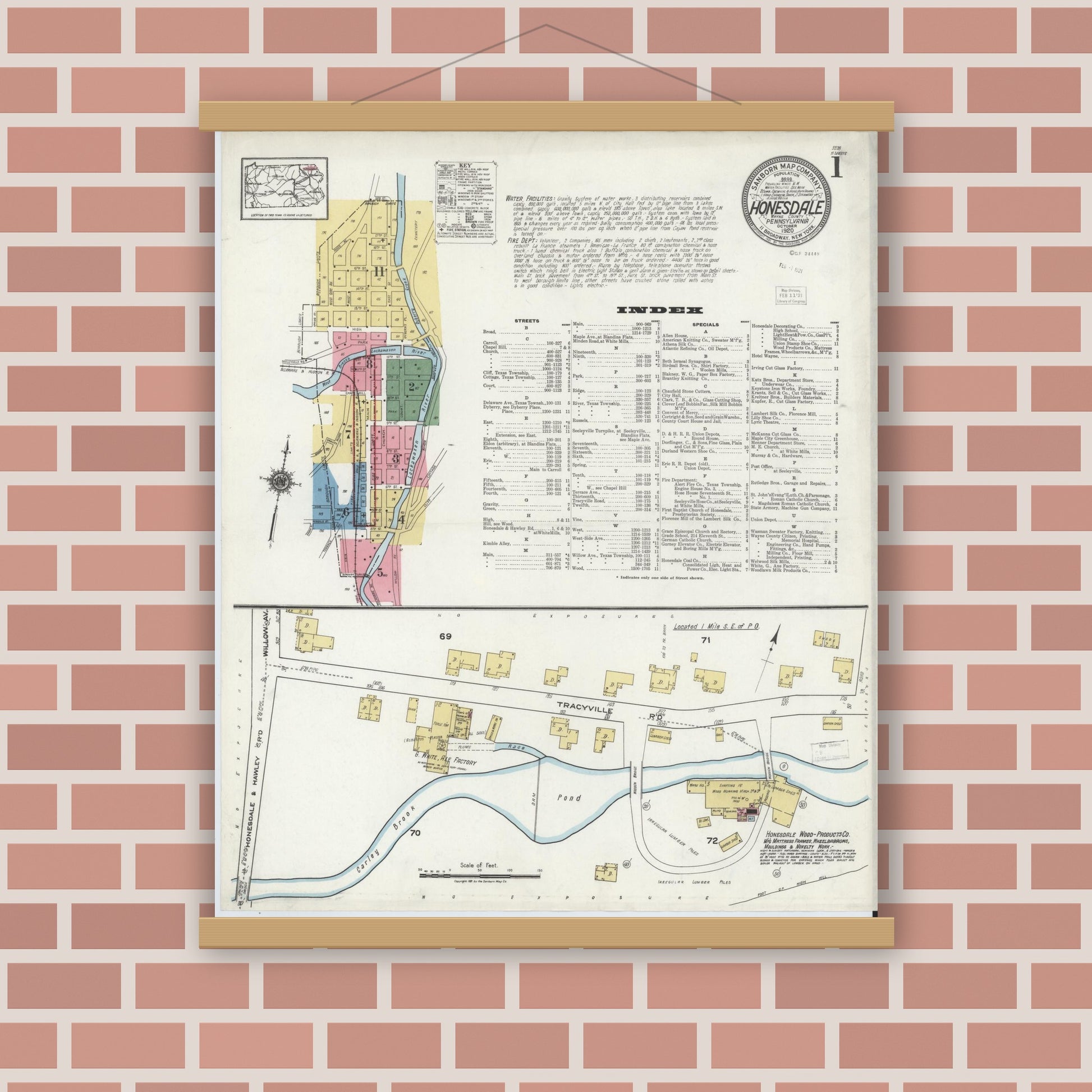 Old map wall art mockup — magnetic wood frame on brick wall — Sanborn Fire Insurance Map from Honesdale, Wayne County, Pennsylvania (1920), Sheet #0001