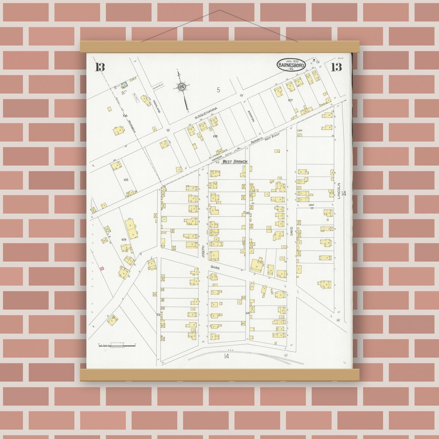 Old map wall art mockup — magnetic wood frame on brick wall — Sanborn Fire Insurance Map from Barnesboro, Cambria County, Pennsylvania (1930), Sheet #0013