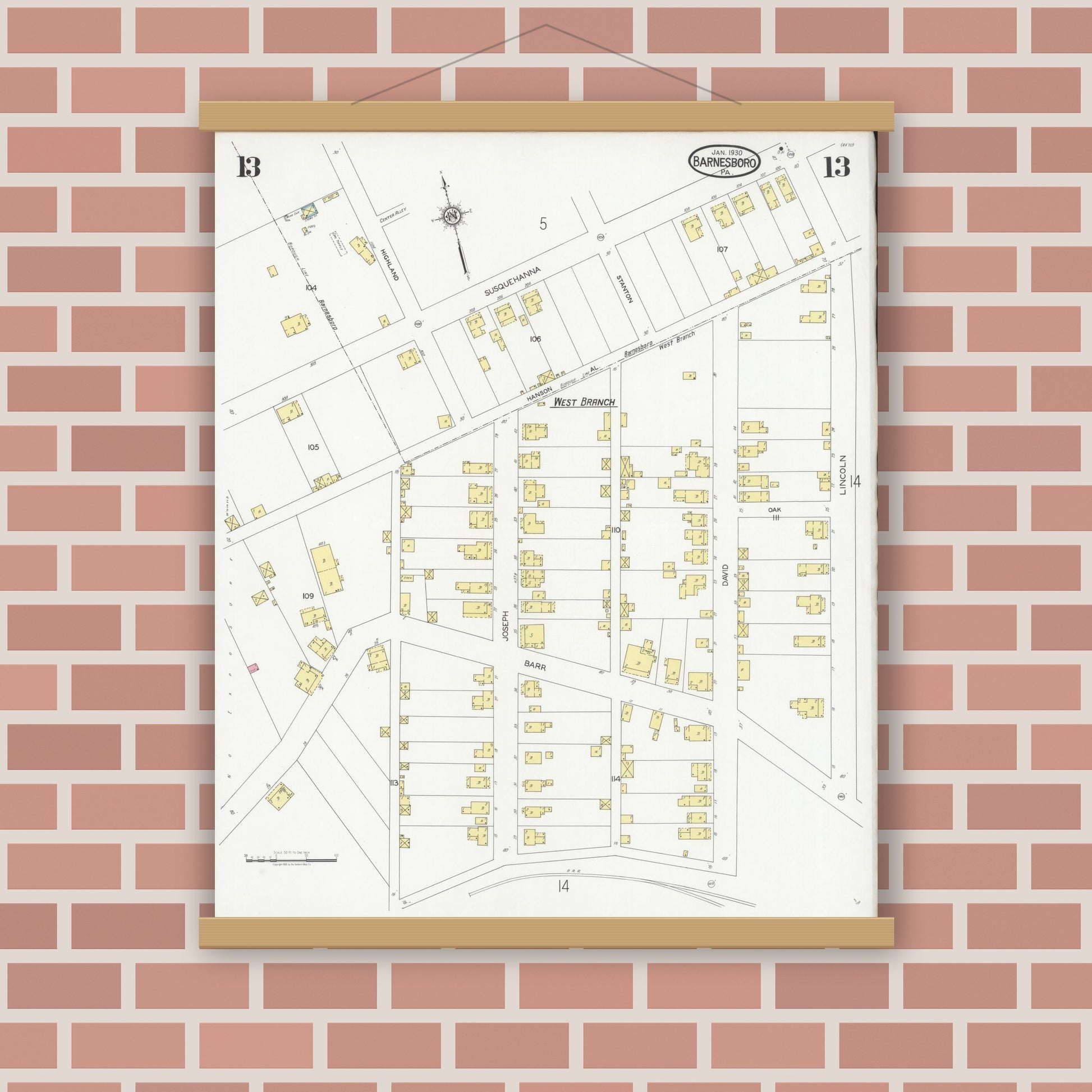 Old map wall art mockup — magnetic wood frame on brick wall — Sanborn Fire Insurance Map from Barnesboro, Cambria County, Pennsylvania (1930), Sheet #0013