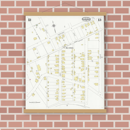 Old map wall art mockup — magnetic wood frame on brick wall — Sanborn Fire Insurance Map from Barnesboro, Cambria County, Pennsylvania (1930), Sheet #0013