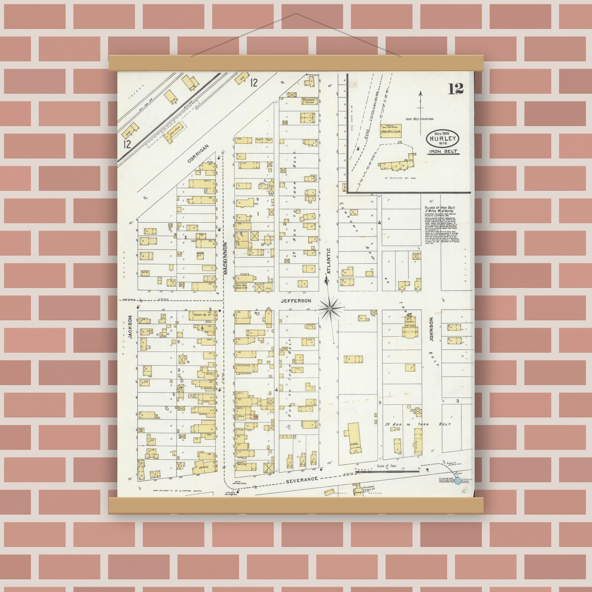 Old map wall art mockup — magnetic wood frame on brick wall — Sanborn Fire Insurance Map from Hurley, Iron County, Wisconsin (1905), Sheet #0012