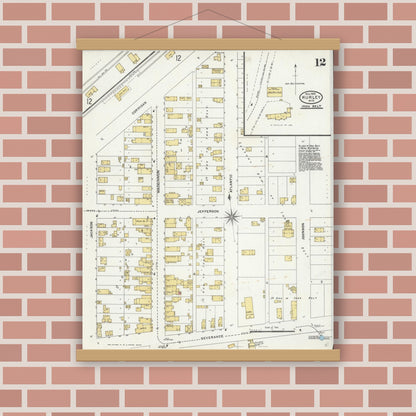 Old map wall art mockup — magnetic wood frame on brick wall — Sanborn Fire Insurance Map from Hurley, Iron County, Wisconsin (1905), Sheet #0012