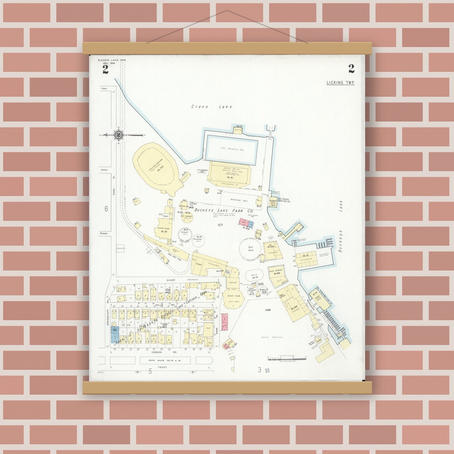 Old map wall art mockup — magnetic wood frame on brick wall — Sanborn Fire Insurance Map from Buckeye Lake, Licking County, Ohio (1946), Sheet #0002