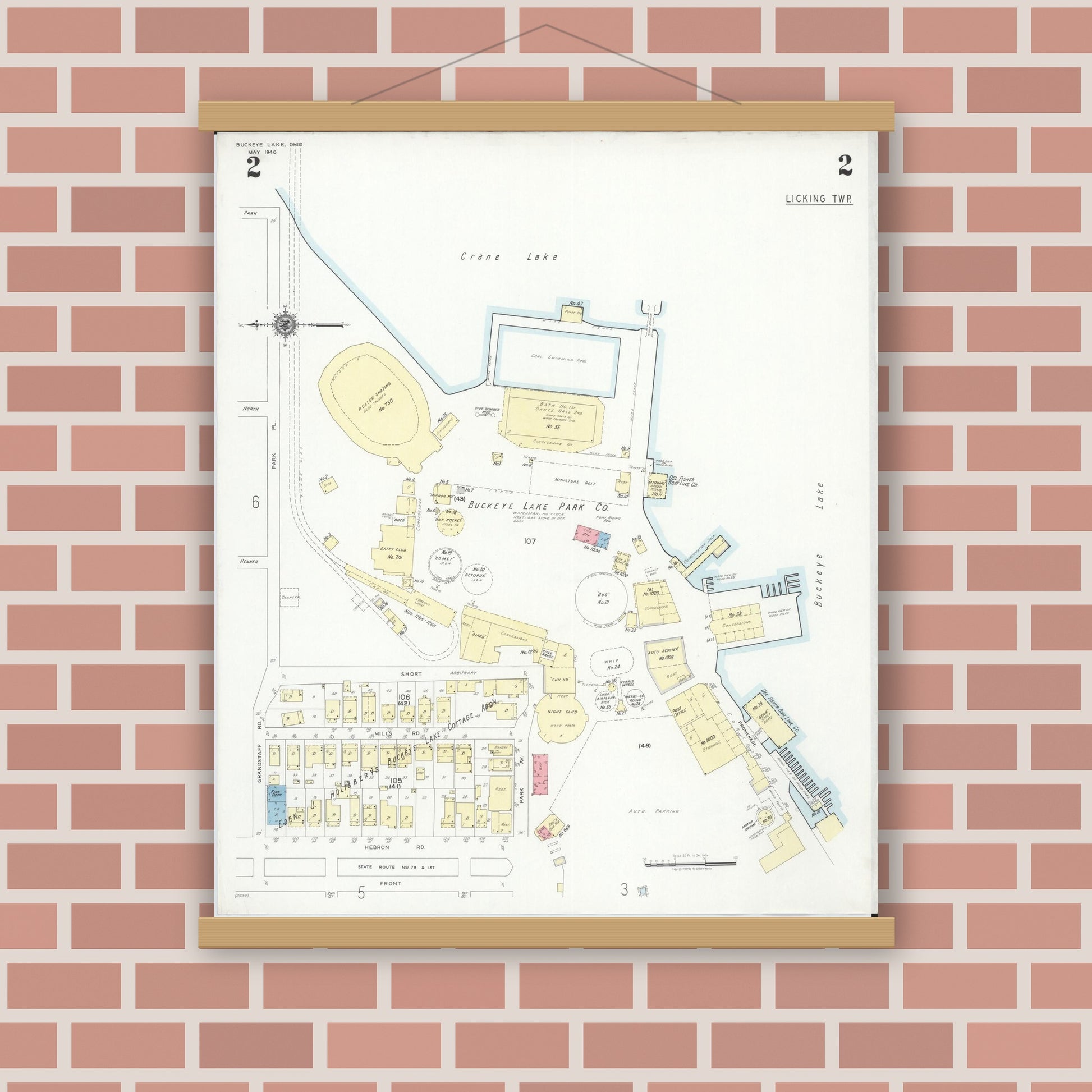 Old map wall art mockup — magnetic wood frame on brick wall — Sanborn Fire Insurance Map from Buckeye Lake, Licking County, Ohio (1946), Sheet #0002