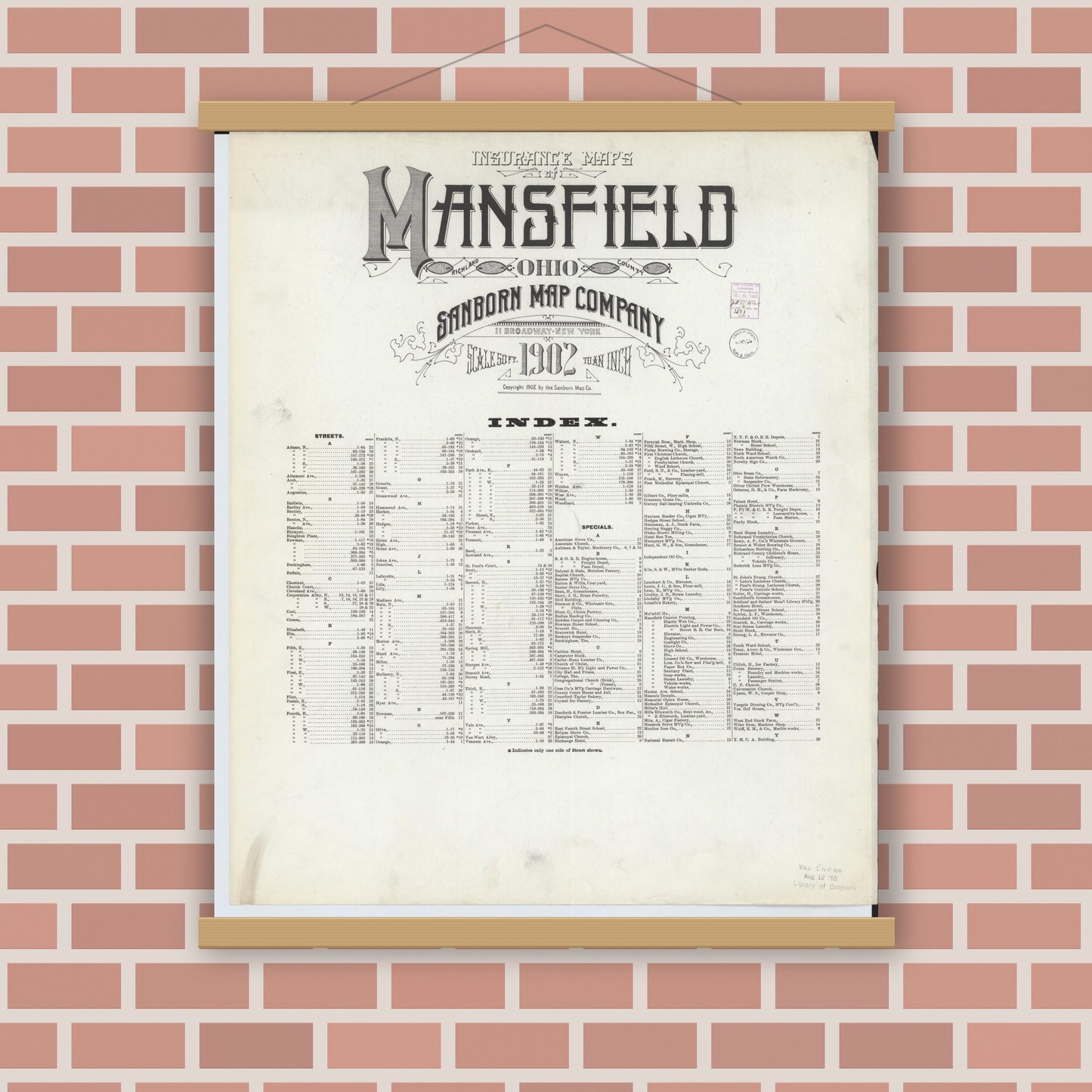 Old map wall art mockup — magnetic wood frame on brick wall — Sanborn Fire Insurance Map from Mansfield, Richland County, Ohio (1902), Sheet #0001