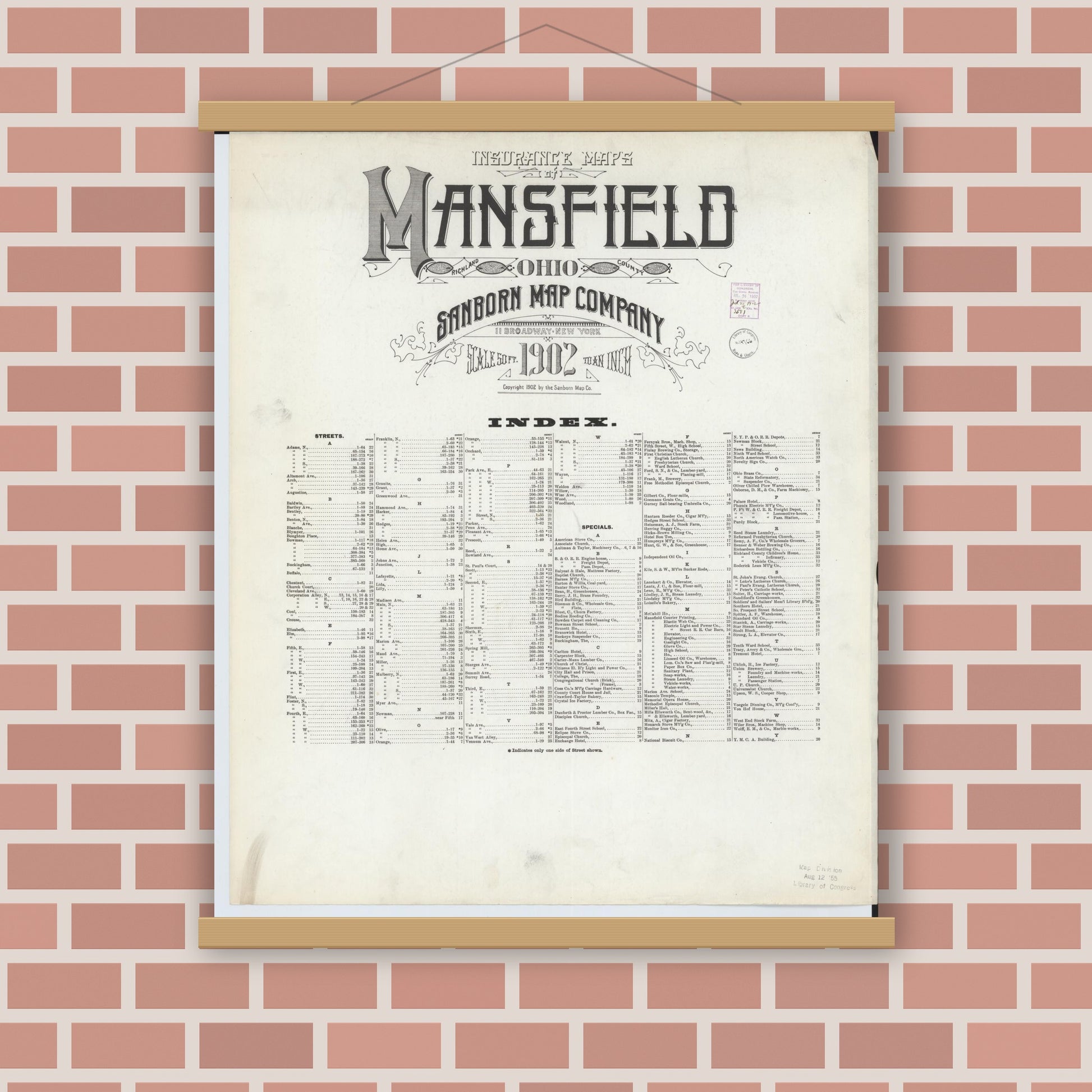 Old map wall art mockup — magnetic wood frame on brick wall — Sanborn Fire Insurance Map from Mansfield, Richland County, Ohio (1902), Sheet #0001