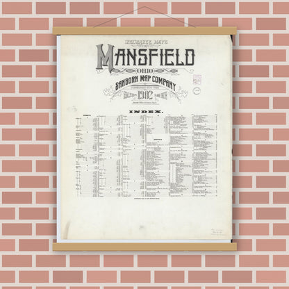 Old map wall art mockup — magnetic wood frame on brick wall — Sanborn Fire Insurance Map from Mansfield, Richland County, Ohio (1902), Sheet #0001