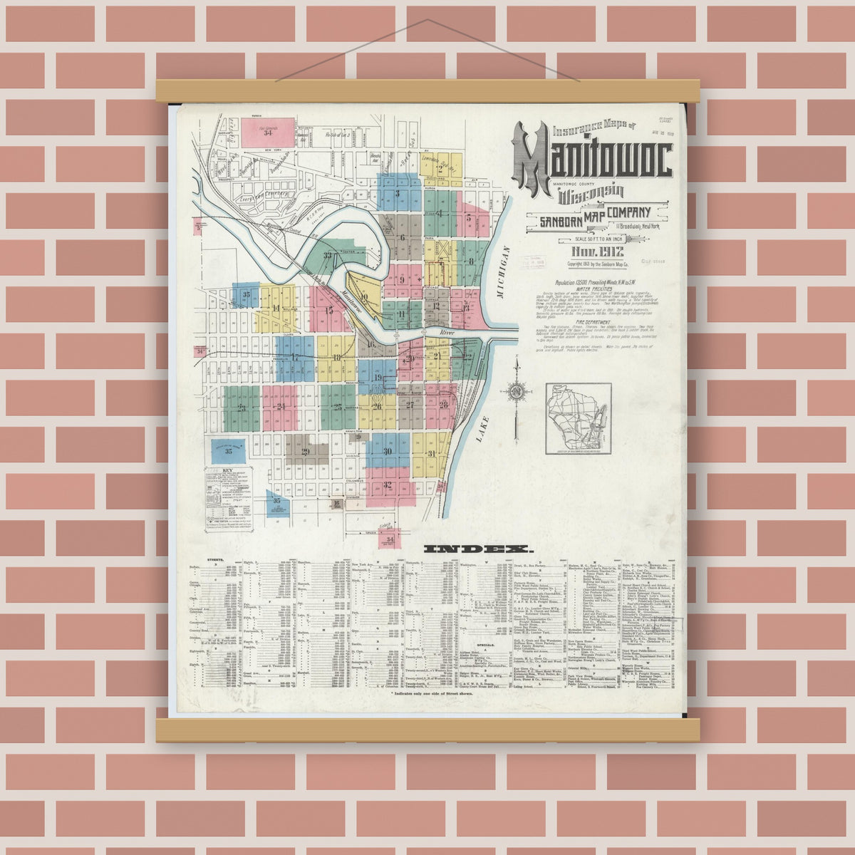 Old map wall art mockup — magnetic wood frame on brick wall — Sanborn Fire Insurance Map from Manitowoc, Manitowoc County, Wisconsin (1912) - Complete Map Set
