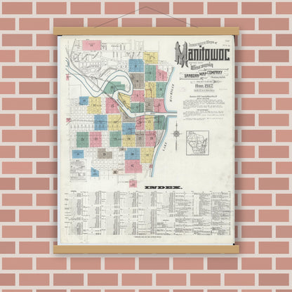 Old map wall art mockup — magnetic wood frame on brick wall — Sanborn Fire Insurance Map from Manitowoc, Manitowoc County, Wisconsin (1912) - Complete Map Set