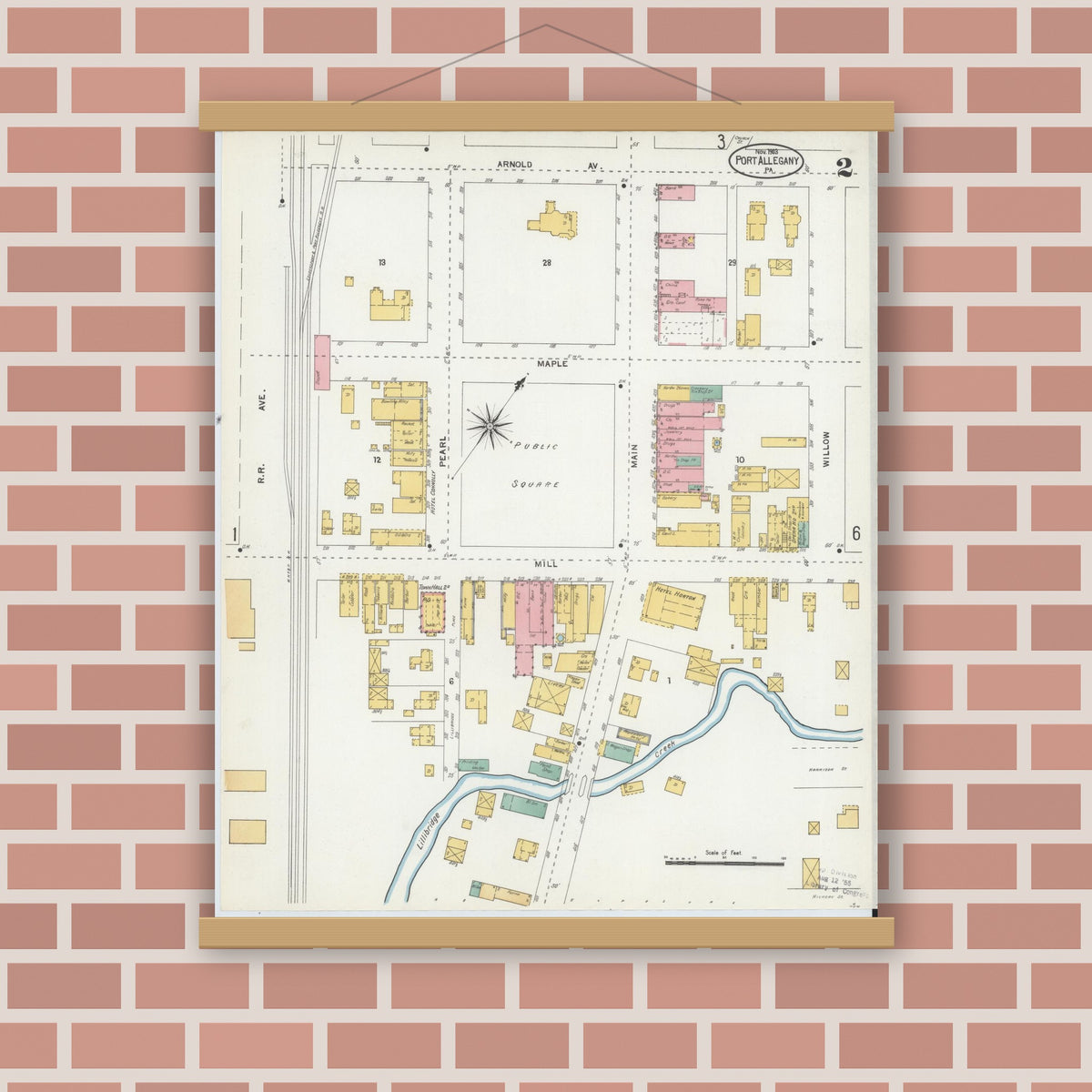 Old map wall art mockup — magnetic wood frame on brick wall — Sanborn Fire Insurance Map from Port Allegany, McKean County, Pennsylvania (1903), Sheet #0002