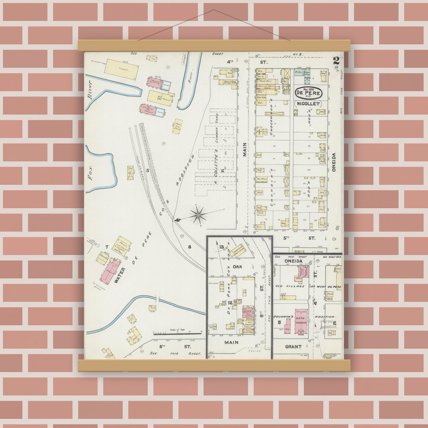 Old map wall art mockup — magnetic wood frame on brick wall — Sanborn Fire Insurance Map from De Pere, Brown County, Wisconsin (1890), Sheet #0002