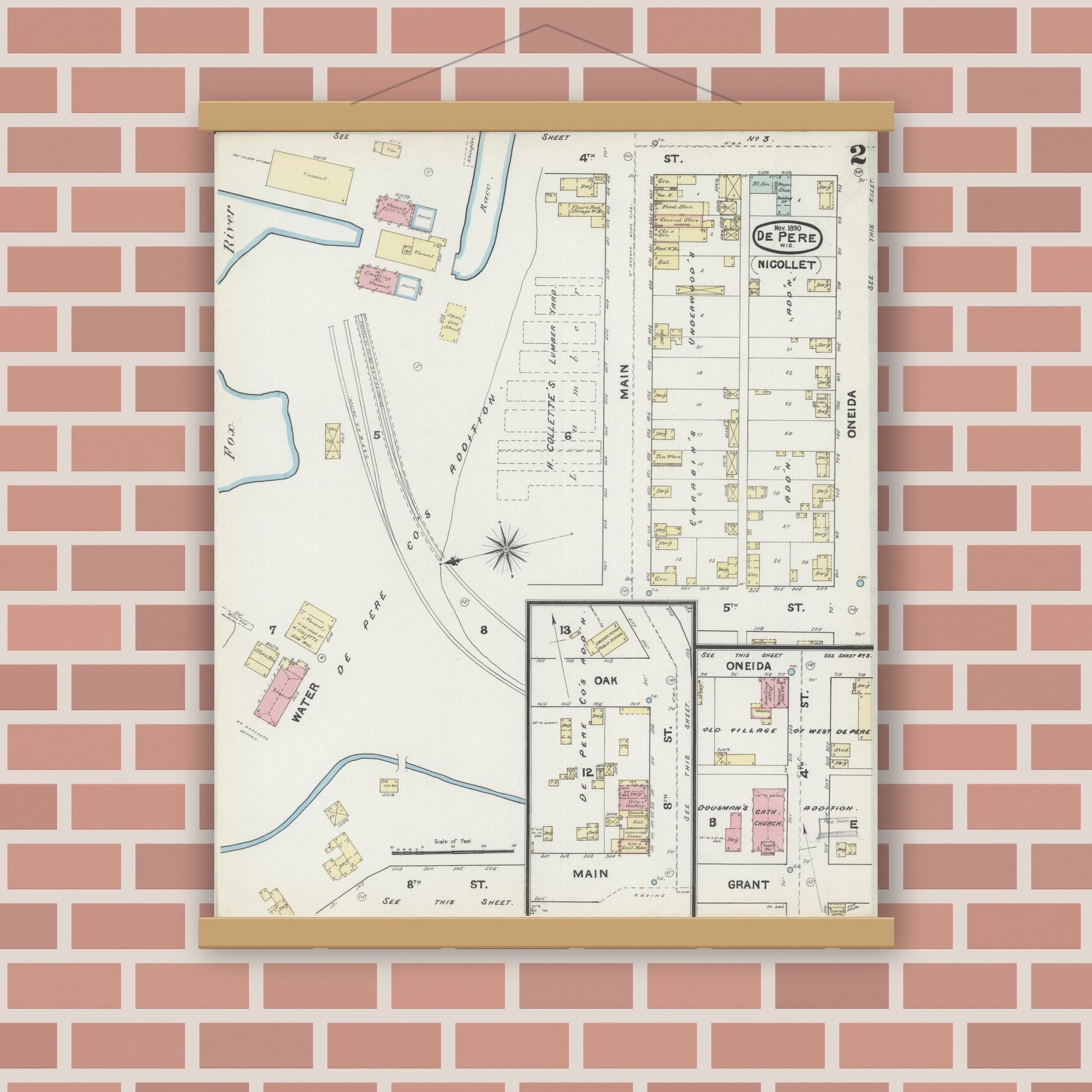 Old map wall art mockup — magnetic wood frame on brick wall — Sanborn Fire Insurance Map from De Pere, Brown County, Wisconsin (1890), Sheet #0002