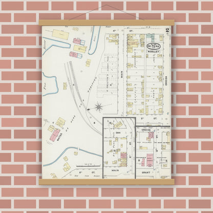 Old map wall art mockup — magnetic wood frame on brick wall — Sanborn Fire Insurance Map from De Pere, Brown County, Wisconsin (1890), Sheet #0002