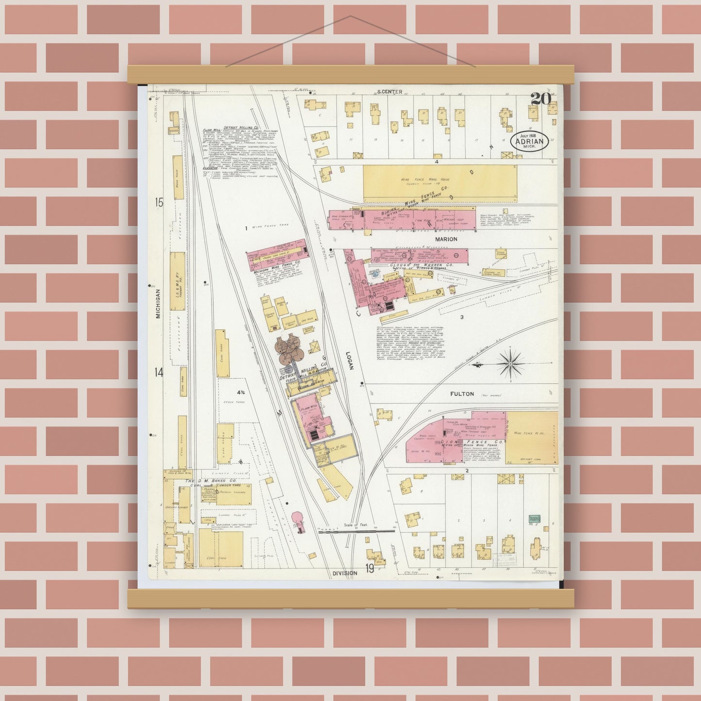 Old map wall art mockup — magnetic wood frame on brick wall — Sanborn Fire Insurance Map from Adrian, Lenawee County, Michigan (1908), Sheet #0020