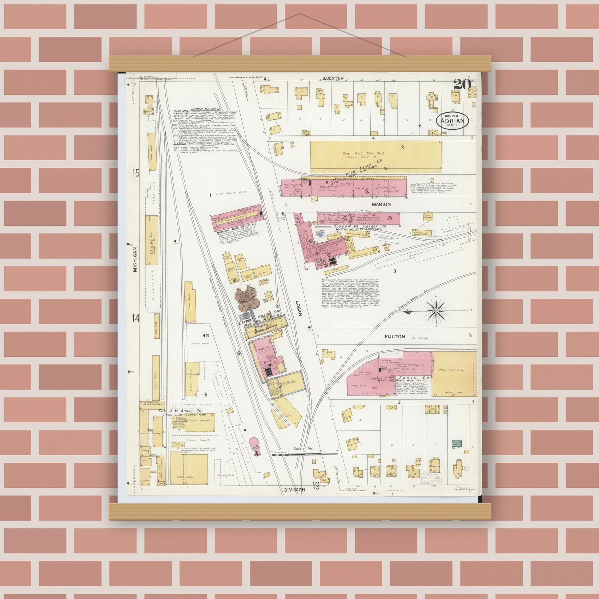 Old map wall art mockup — magnetic wood frame on brick wall — Sanborn Fire Insurance Map from Adrian, Lenawee County, Michigan (1908), Sheet #0020