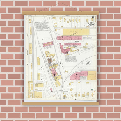 Old map wall art mockup — magnetic wood frame on brick wall — Sanborn Fire Insurance Map from Adrian, Lenawee County, Michigan (1908), Sheet #0020