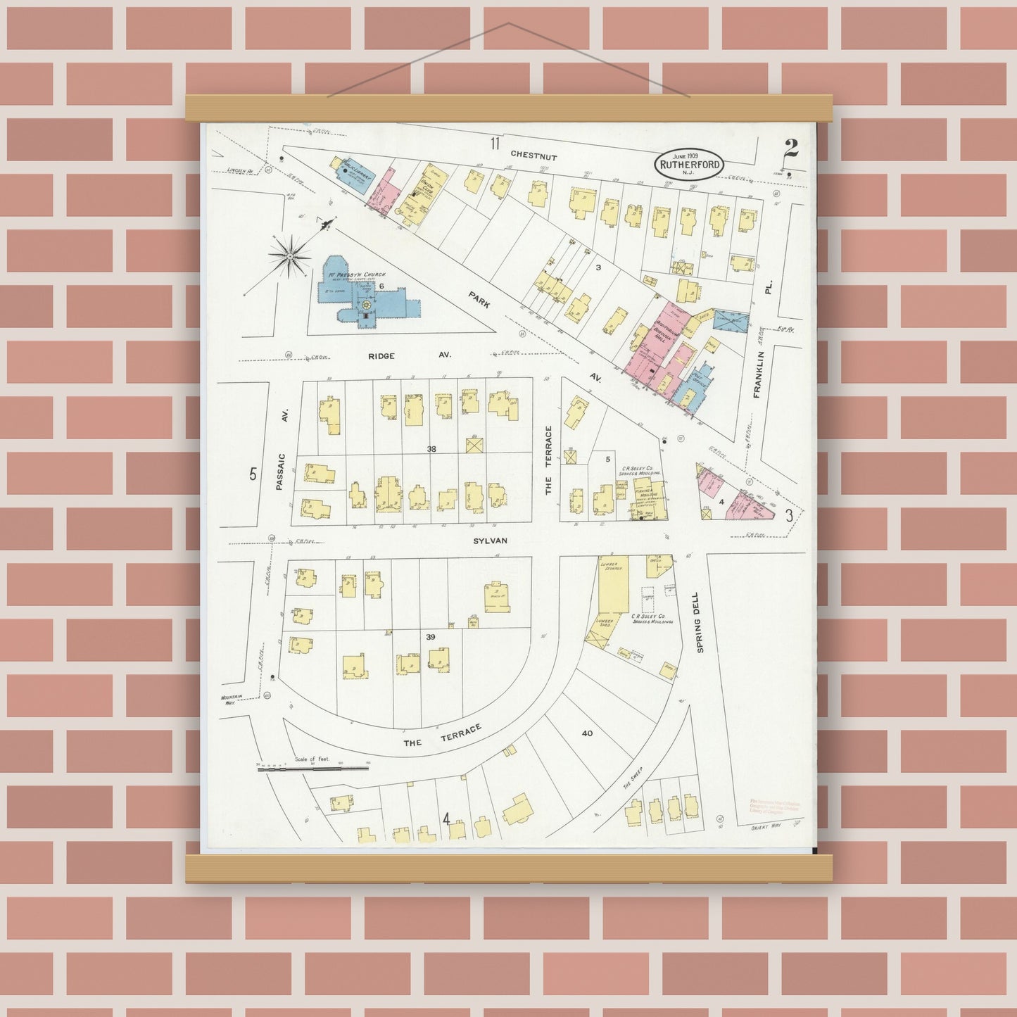 Old map wall art mockup — magnetic wood frame on brick wall — Sanborn Fire Insurance Map from Rutherford, Bergen County, New Jersey (1909) - Complete Map Set