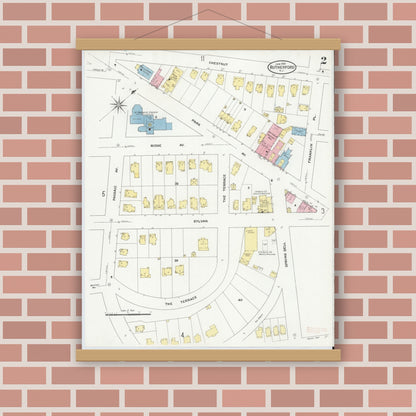 Old map wall art mockup — magnetic wood frame on brick wall — Sanborn Fire Insurance Map from Rutherford, Bergen County, New Jersey (1909) - Complete Map Set