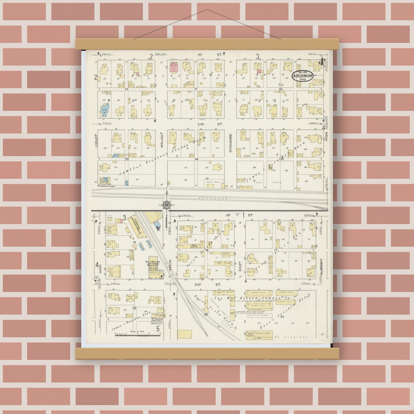 Old map wall art mockup — magnetic wood frame on brick wall — Sanborn Fire Insurance Map from Arcanum, Darke County, Ohio (1914), Sheet #0004