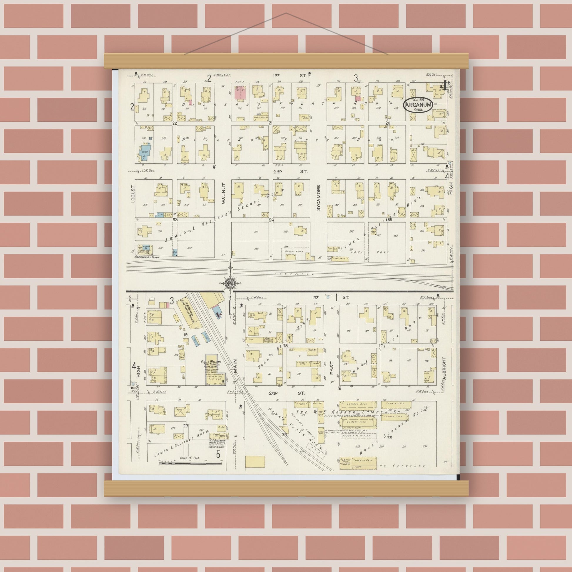 Old map wall art mockup — magnetic wood frame on brick wall — Sanborn Fire Insurance Map from Arcanum, Darke County, Ohio (1914), Sheet #0004