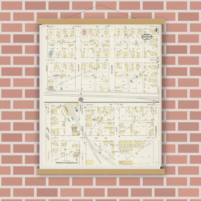 Old map wall art mockup — magnetic wood frame on brick wall — Sanborn Fire Insurance Map from Arcanum, Darke County, Ohio (1914), Sheet #0004