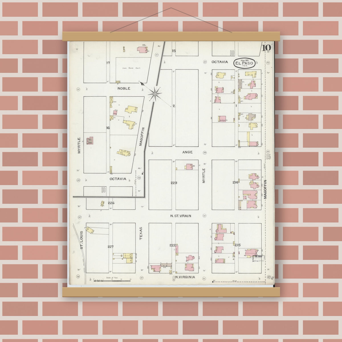 Old map wall art mockup — magnetic wood frame on brick wall — Sanborn Fire Insurance Map from El Paso, El Paso County, Texas (1893), Sheet #0010