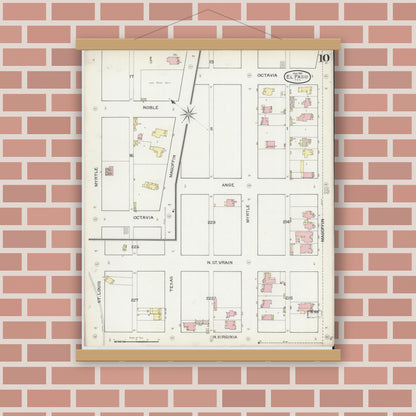 Old map wall art mockup — magnetic wood frame on brick wall — Sanborn Fire Insurance Map from El Paso, El Paso County, Texas (1893), Sheet #0010