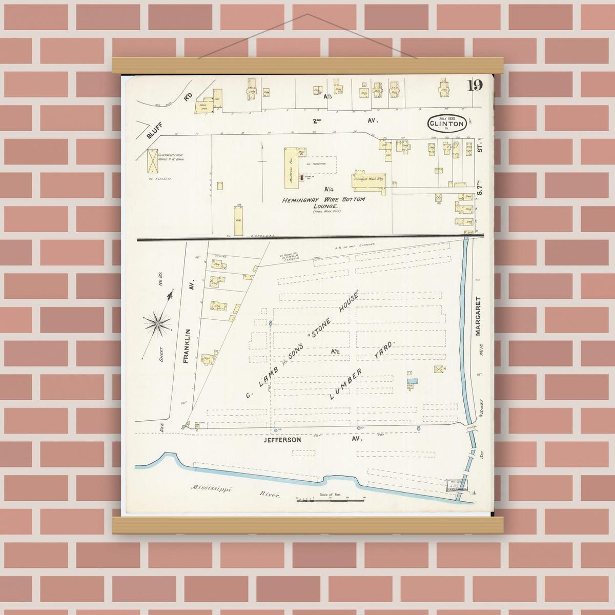 Old map wall art mockup — magnetic wood frame on brick wall — Sanborn Fire Insurance Map from Clinton, Clinton County, Iowa (1890), Sheet #0019