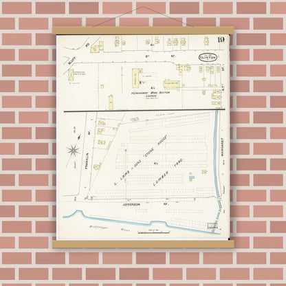 Old map wall art mockup — magnetic wood frame on brick wall — Sanborn Fire Insurance Map from Clinton, Clinton County, Iowa (1890), Sheet #0019